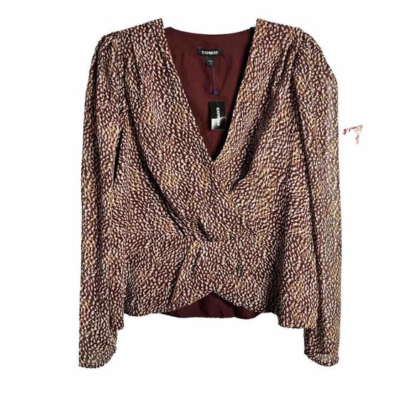 Express V Neck Long Sleeve Cropped Blouse Top Brown White Spotted XL - Picture 1 of 10